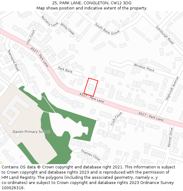 25, PARK LANE, CONGLETON, CW12 3DG: Location map and indicative extent of plot