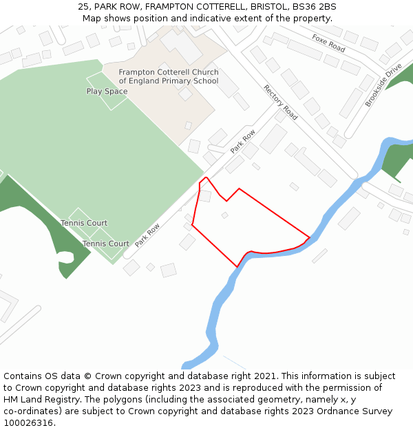 25, PARK ROW, FRAMPTON COTTERELL, BRISTOL, BS36 2BS: Location map and indicative extent of plot