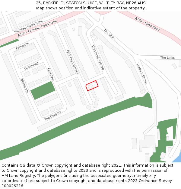 25, PARKFIELD, SEATON SLUICE, WHITLEY BAY, NE26 4HS: Location map and indicative extent of plot