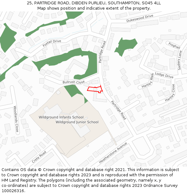 25, PARTRIDGE ROAD, DIBDEN PURLIEU, SOUTHAMPTON, SO45 4LL: Location map and indicative extent of plot