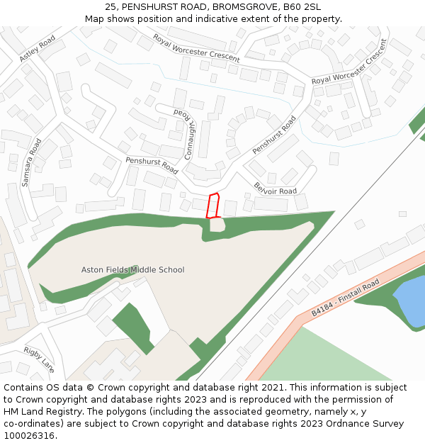 25, PENSHURST ROAD, BROMSGROVE, B60 2SL: Location map and indicative extent of plot