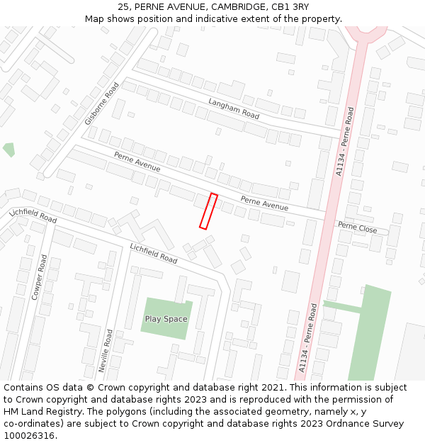 25, PERNE AVENUE, CAMBRIDGE, CB1 3RY: Location map and indicative extent of plot