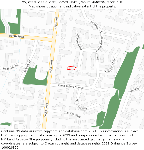 25, PERSHORE CLOSE, LOCKS HEATH, SOUTHAMPTON, SO31 6UF: Location map and indicative extent of plot