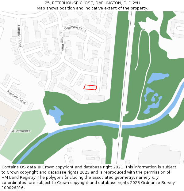 25, PETERHOUSE CLOSE, DARLINGTON, DL1 2YU: Location map and indicative extent of plot