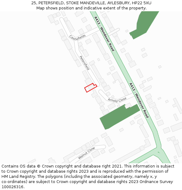 25, PETERSFIELD, STOKE MANDEVILLE, AYLESBURY, HP22 5XU: Location map and indicative extent of plot