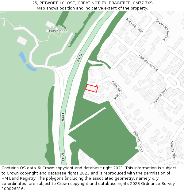 25, PETWORTH CLOSE, GREAT NOTLEY, BRAINTREE, CM77 7XS: Location map and indicative extent of plot