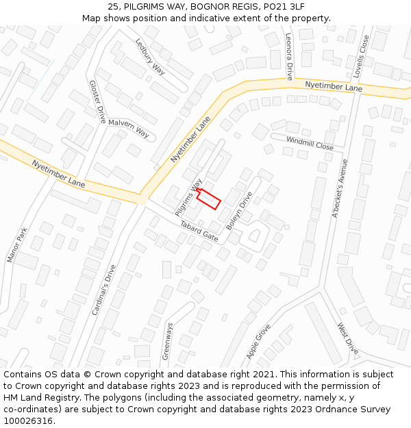 25, PILGRIMS WAY, BOGNOR REGIS, PO21 3LF: Location map and indicative extent of plot