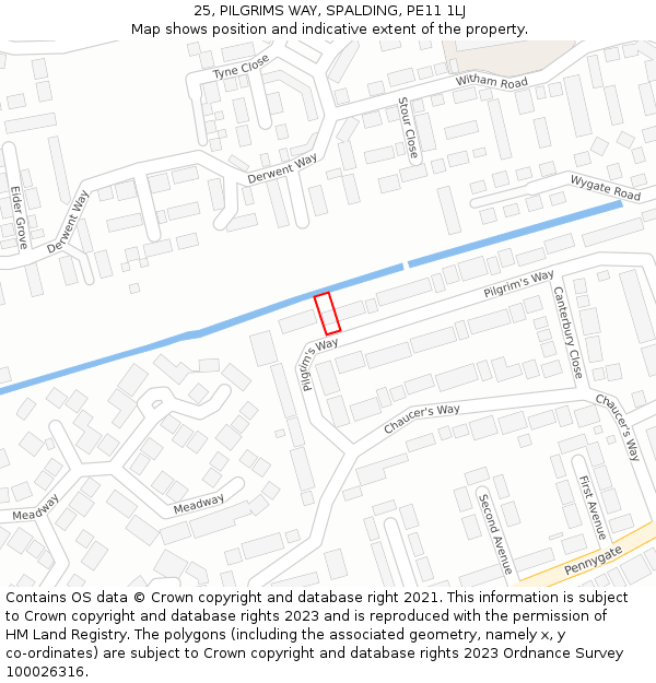 25, PILGRIMS WAY, SPALDING, PE11 1LJ: Location map and indicative extent of plot