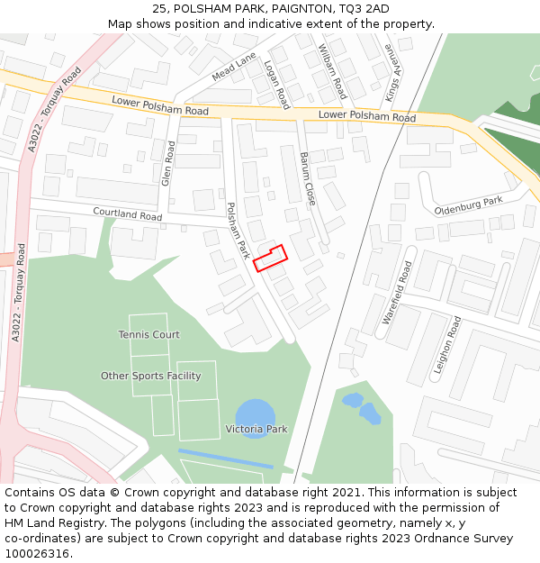 25, POLSHAM PARK, PAIGNTON, TQ3 2AD: Location map and indicative extent of plot