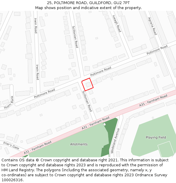 25, POLTIMORE ROAD, GUILDFORD, GU2 7PT: Location map and indicative extent of plot