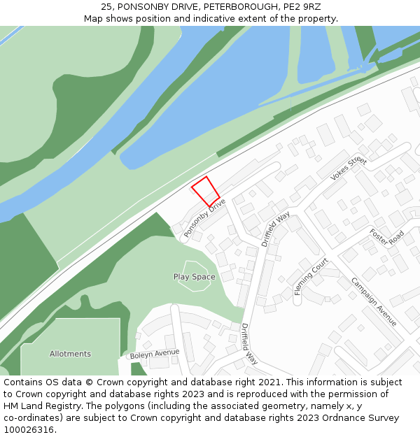 25, PONSONBY DRIVE, PETERBOROUGH, PE2 9RZ: Location map and indicative extent of plot