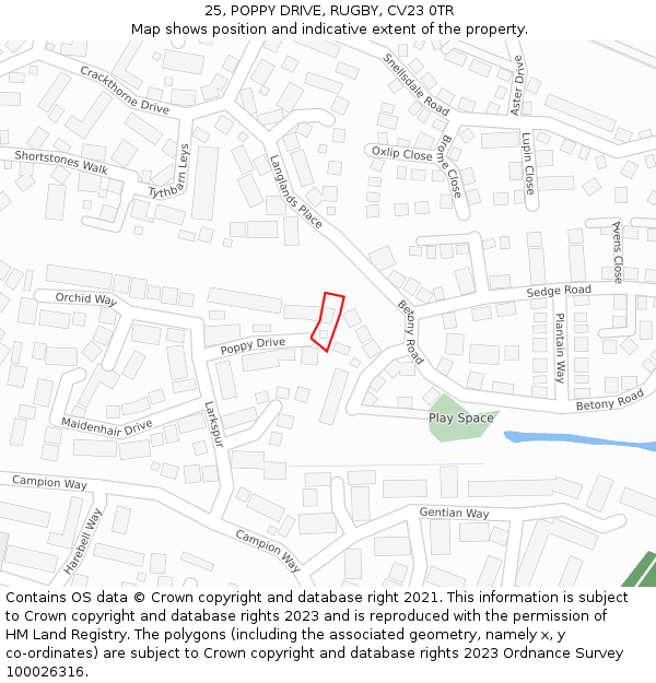 25, POPPY DRIVE, RUGBY, CV23 0TR: Location map and indicative extent of plot