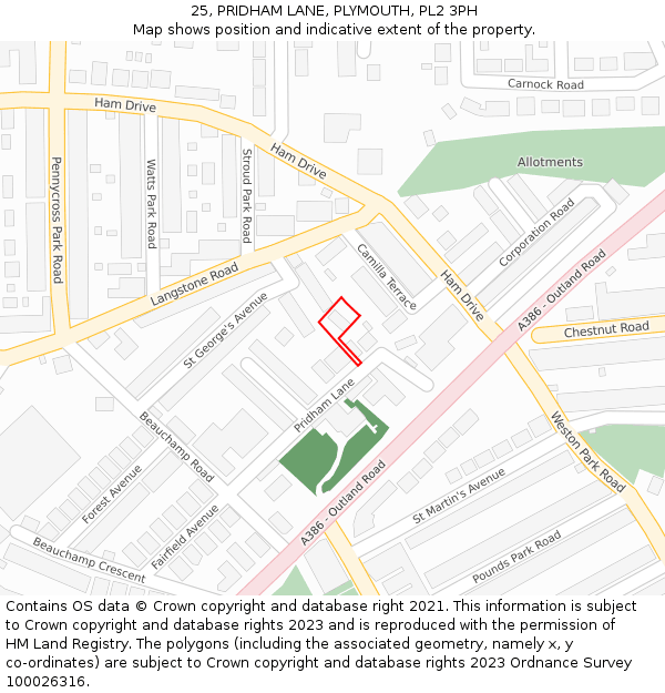 25, PRIDHAM LANE, PLYMOUTH, PL2 3PH: Location map and indicative extent of plot