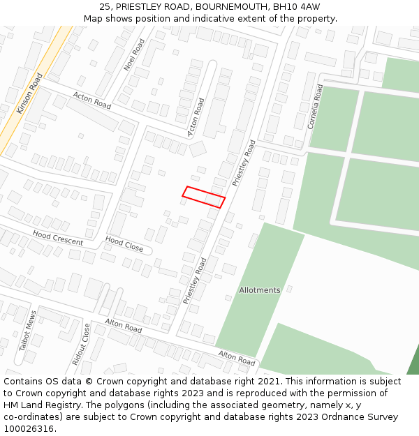 25, PRIESTLEY ROAD, BOURNEMOUTH, BH10 4AW: Location map and indicative extent of plot