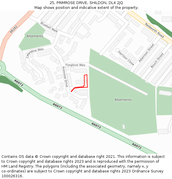 25, PRIMROSE DRIVE, SHILDON, DL4 2JQ: Location map and indicative extent of plot