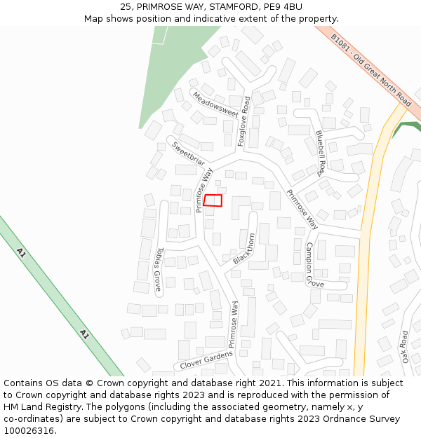 25, PRIMROSE WAY, STAMFORD, PE9 4BU: Location map and indicative extent of plot