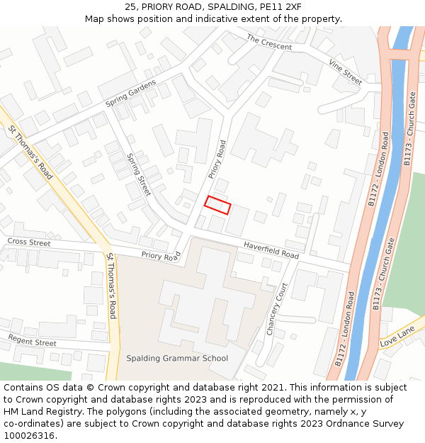 25, PRIORY ROAD, SPALDING, PE11 2XF: Location map and indicative extent of plot