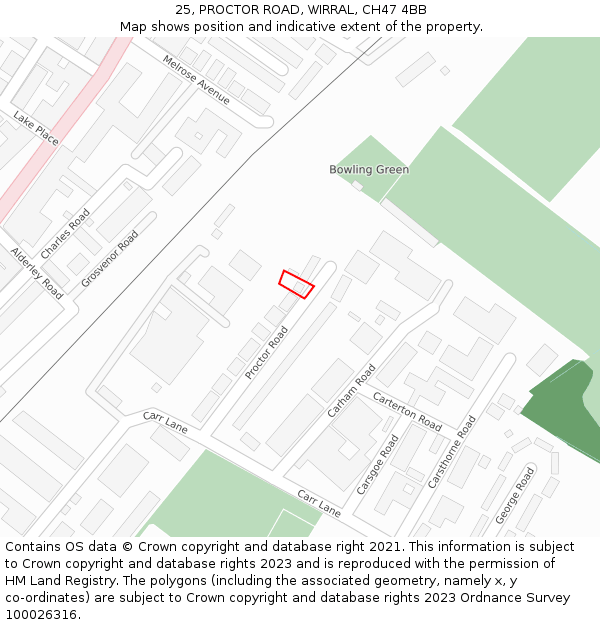 25, PROCTOR ROAD, WIRRAL, CH47 4BB: Location map and indicative extent of plot