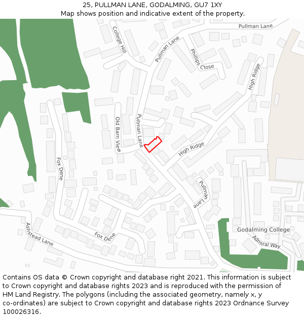 25, PULLMAN LANE, GODALMING, GU7 1XY: Location map and indicative extent of plot