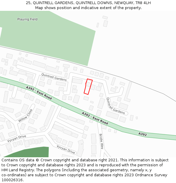 25, QUINTRELL GARDENS, QUINTRELL DOWNS, NEWQUAY, TR8 4LH: Location map and indicative extent of plot