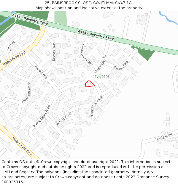25, RAINSBROOK CLOSE, SOUTHAM, CV47 1GL: Location map and indicative extent of plot