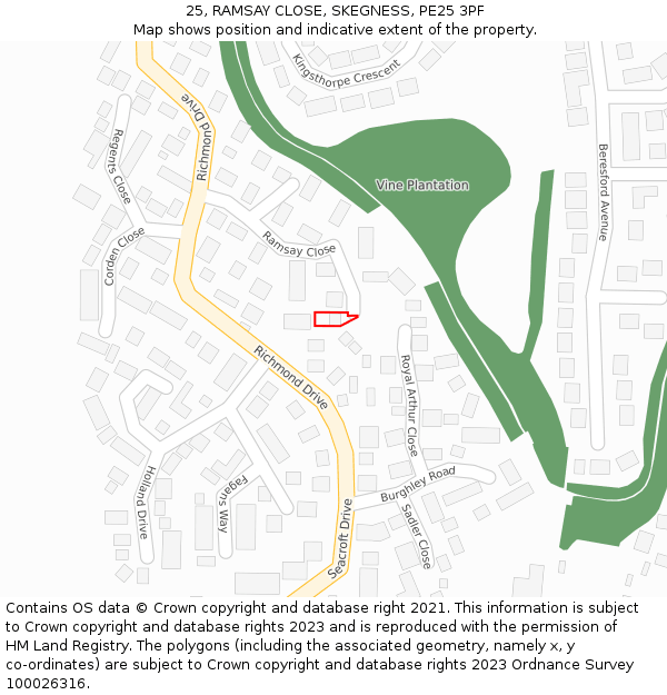 25, RAMSAY CLOSE, SKEGNESS, PE25 3PF: Location map and indicative extent of plot