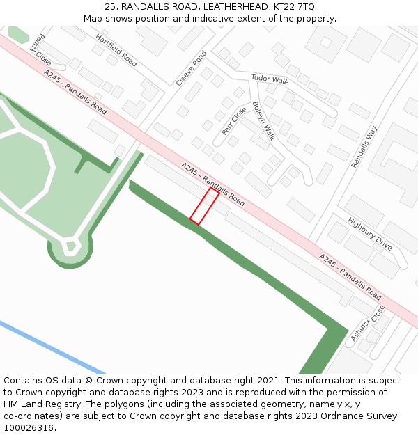 25, RANDALLS ROAD, LEATHERHEAD, KT22 7TQ: Location map and indicative extent of plot