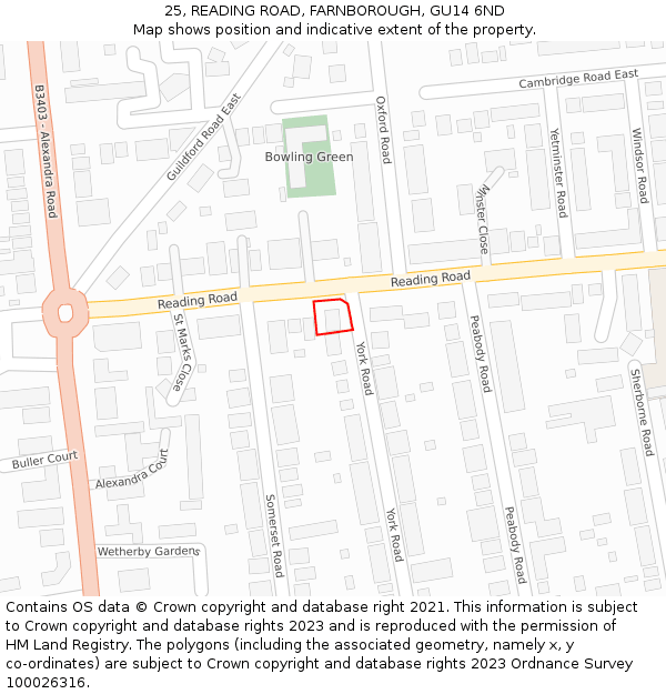 25, READING ROAD, FARNBOROUGH, GU14 6ND: Location map and indicative extent of plot