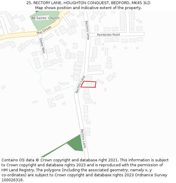 25, RECTORY LANE, HOUGHTON CONQUEST, BEDFORD, MK45 3LD: Location map and indicative extent of plot