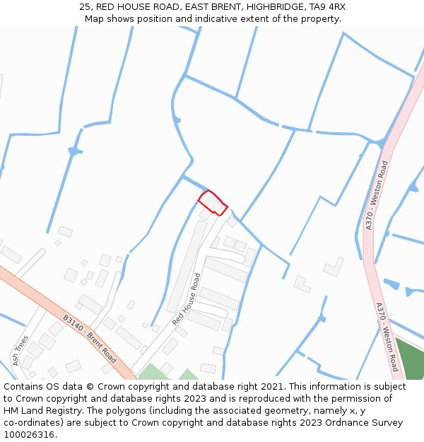 25, RED HOUSE ROAD, EAST BRENT, HIGHBRIDGE, TA9 4RX: Location map and indicative extent of plot