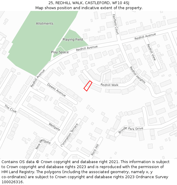 25, REDHILL WALK, CASTLEFORD, WF10 4SJ: Location map and indicative extent of plot