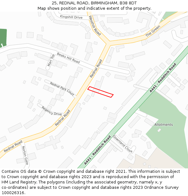 25, REDNAL ROAD, BIRMINGHAM, B38 8DT: Location map and indicative extent of plot
