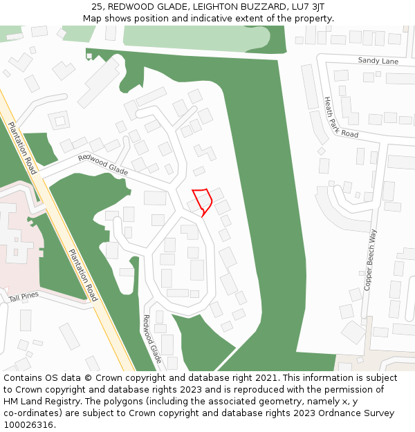 25, REDWOOD GLADE, LEIGHTON BUZZARD, LU7 3JT: Location map and indicative extent of plot