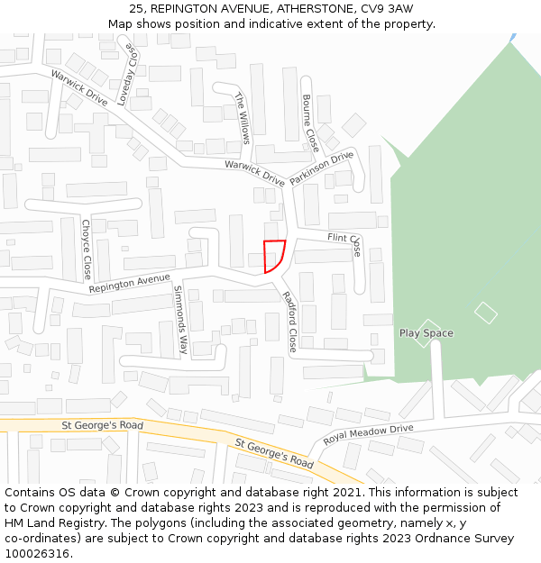 25, REPINGTON AVENUE, ATHERSTONE, CV9 3AW: Location map and indicative extent of plot