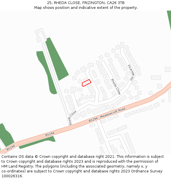 25, RHEDA CLOSE, FRIZINGTON, CA26 3TB: Location map and indicative extent of plot