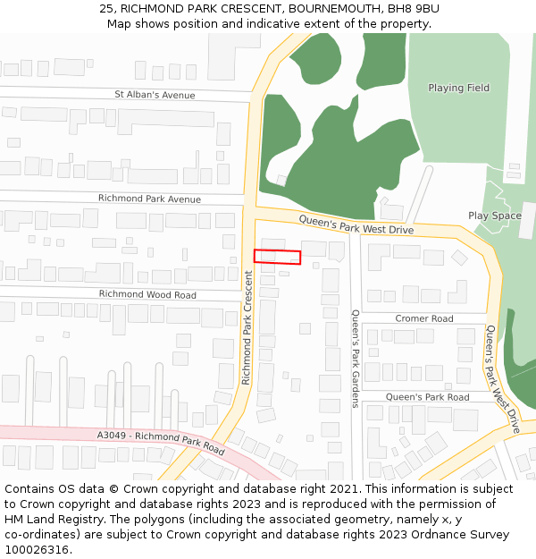 25, RICHMOND PARK CRESCENT, BOURNEMOUTH, BH8 9BU: Location map and indicative extent of plot