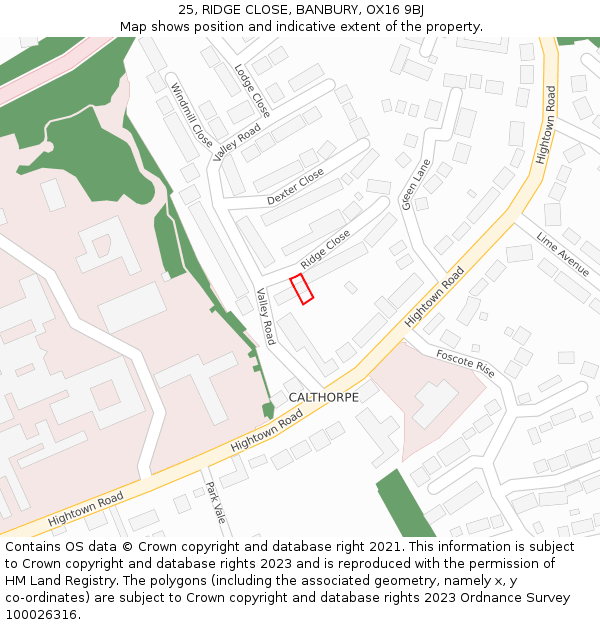 25, RIDGE CLOSE, BANBURY, OX16 9BJ: Location map and indicative extent of plot