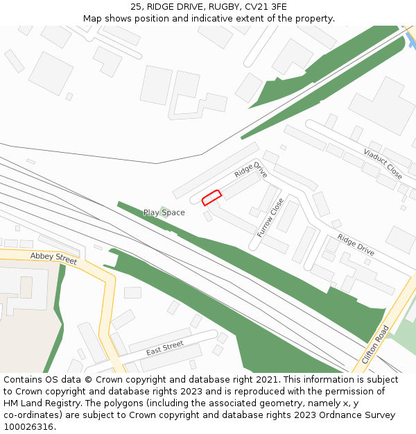 25, RIDGE DRIVE, RUGBY, CV21 3FE: Location map and indicative extent of plot