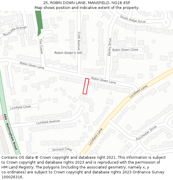 25, ROBIN DOWN LANE, MANSFIELD, NG18 4SP: Location map and indicative extent of plot