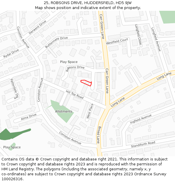 25, ROBSONS DRIVE, HUDDERSFIELD, HD5 9JW: Location map and indicative extent of plot