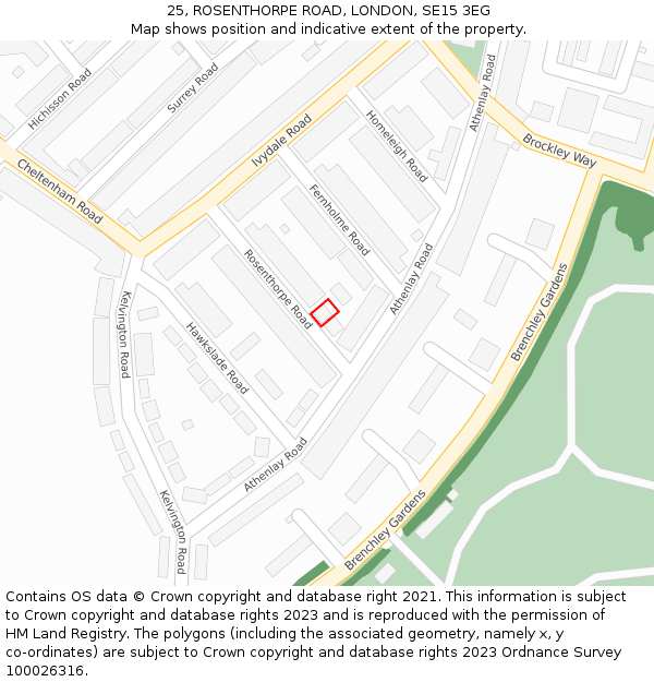 25, ROSENTHORPE ROAD, LONDON, SE15 3EG: Location map and indicative extent of plot