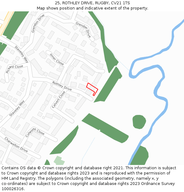 25, ROTHLEY DRIVE, RUGBY, CV21 1TS: Location map and indicative extent of plot