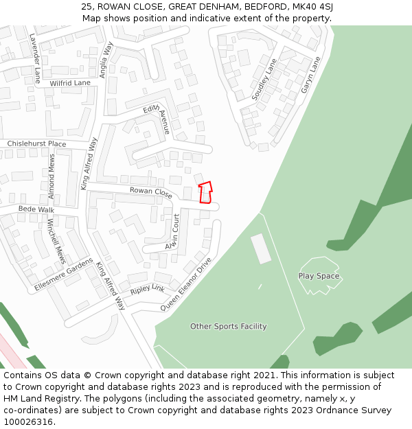 25, ROWAN CLOSE, GREAT DENHAM, BEDFORD, MK40 4SJ: Location map and indicative extent of plot