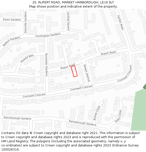 25, RUPERT ROAD, MARKET HARBOROUGH, LE16 9LT: Location map and indicative extent of plot