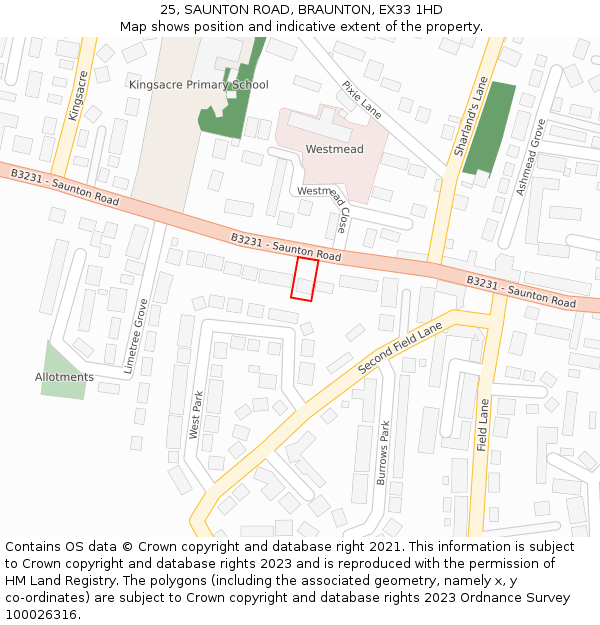 25, SAUNTON ROAD, BRAUNTON, EX33 1HD: Location map and indicative extent of plot