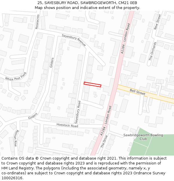 25, SAYESBURY ROAD, SAWBRIDGEWORTH, CM21 0EB: Location map and indicative extent of plot