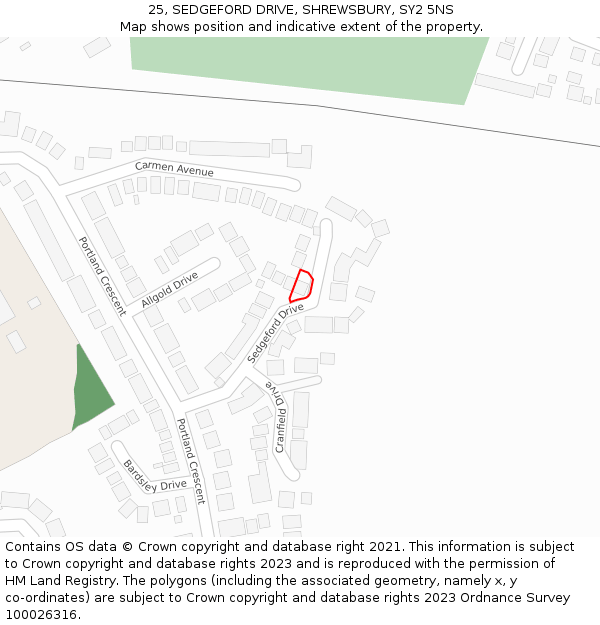 25, SEDGEFORD DRIVE, SHREWSBURY, SY2 5NS: Location map and indicative extent of plot