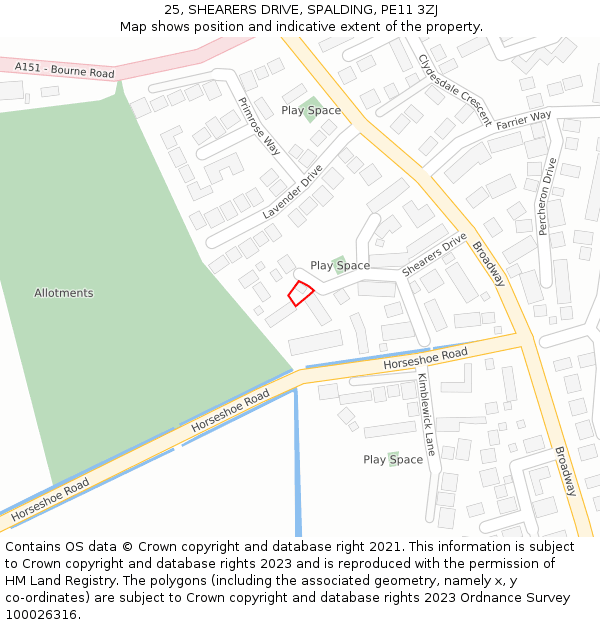 25, SHEARERS DRIVE, SPALDING, PE11 3ZJ: Location map and indicative extent of plot