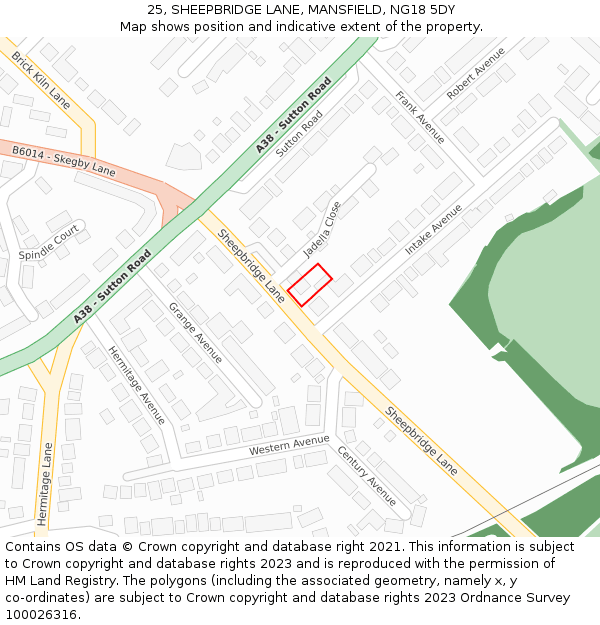 25, SHEEPBRIDGE LANE, MANSFIELD, NG18 5DY: Location map and indicative extent of plot