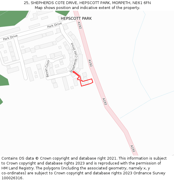 25, SHEPHERDS COTE DRIVE, HEPSCOTT PARK, MORPETH, NE61 6FN: Location map and indicative extent of plot